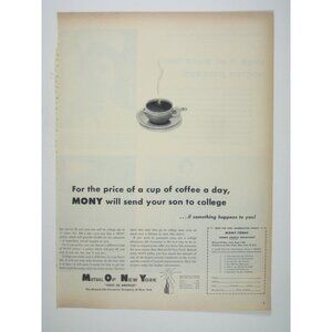 Vintage 1950s Mutual Of New York MONY Life Insurance Ad Print Coffee College
